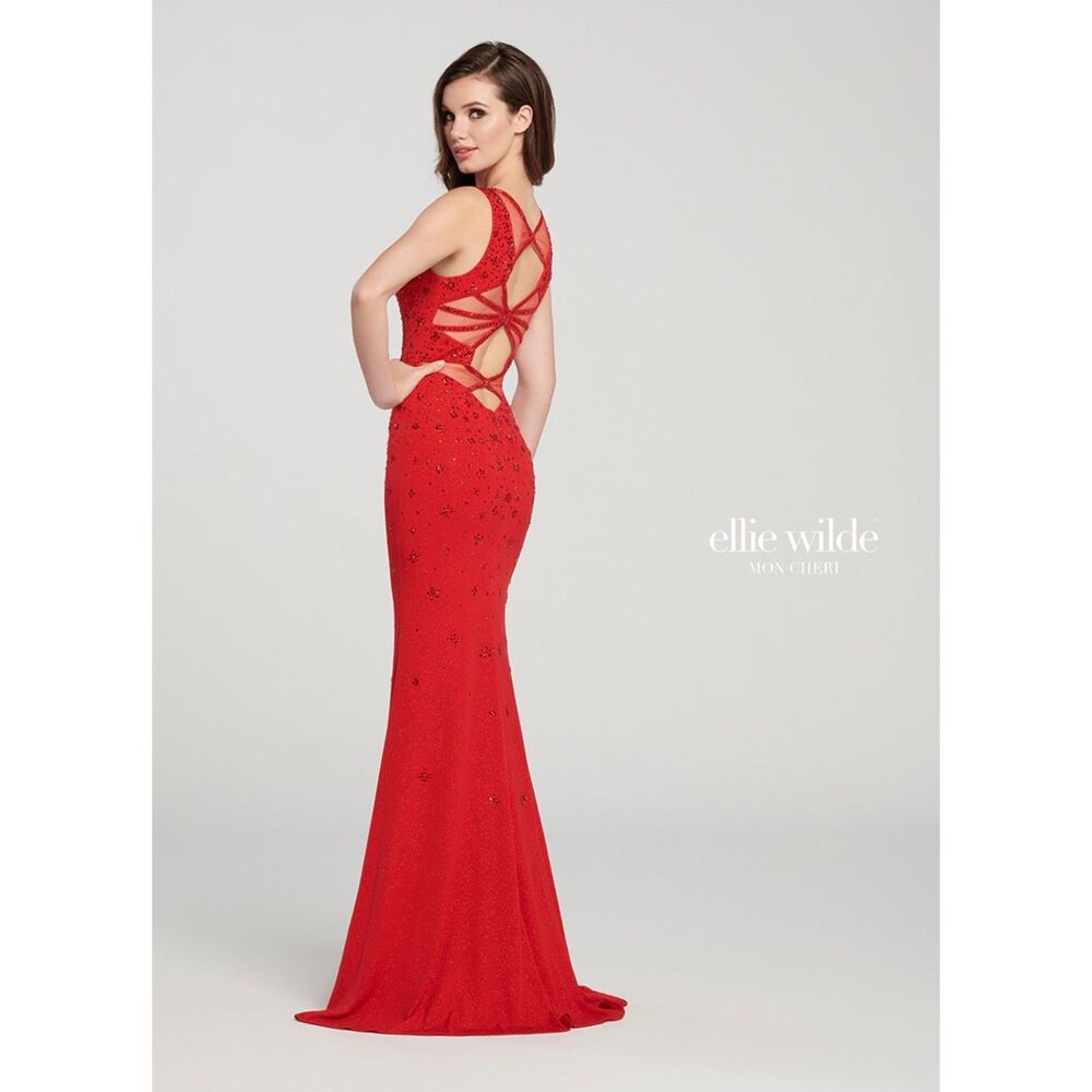 10307 Size 2 Ellie Wilde Mon Cheri red mermaid cutout back plunging neckline